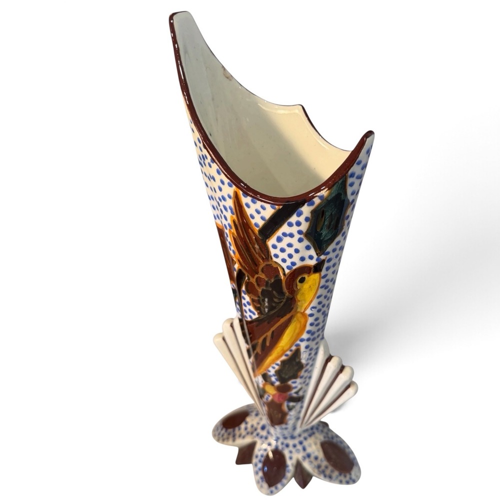 Vintage Spanish Art Deco Revival Ceramic Fan Vase Hand Painted Bird Spain 13.5"